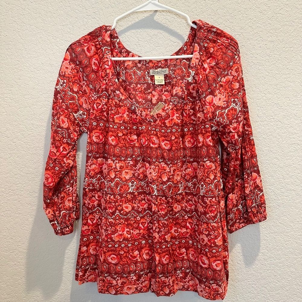 NWT Lucky Brand Red Floral 100% Cotton Boho Lightweight Peasant Blouse - Size S
